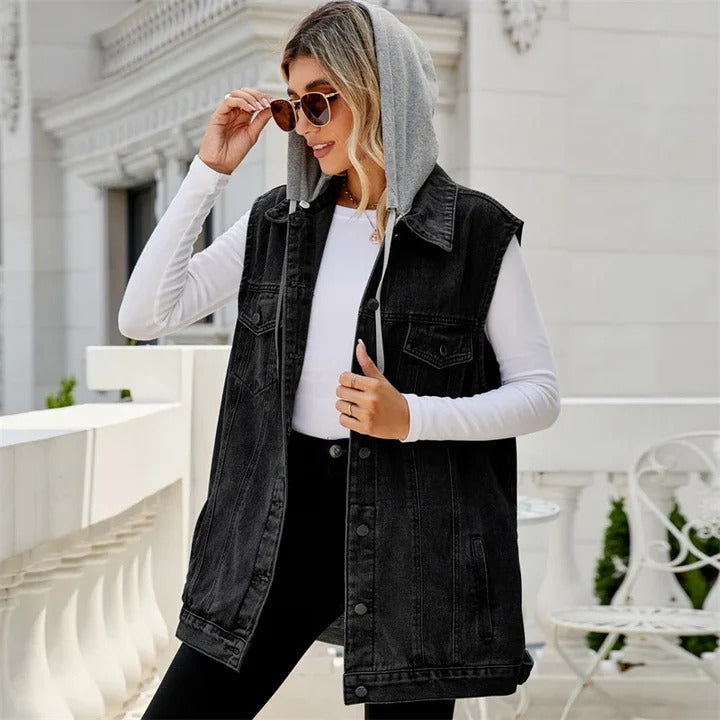 Denim Hooded Vest Cotton Blend Layering