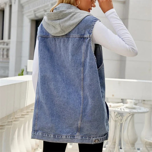Denim Hooded Vest Cotton Blend Layering