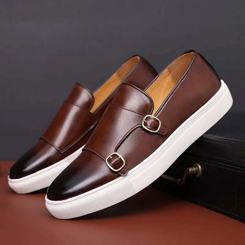 Dress Loafers Mens Dual Buckle PU Leather