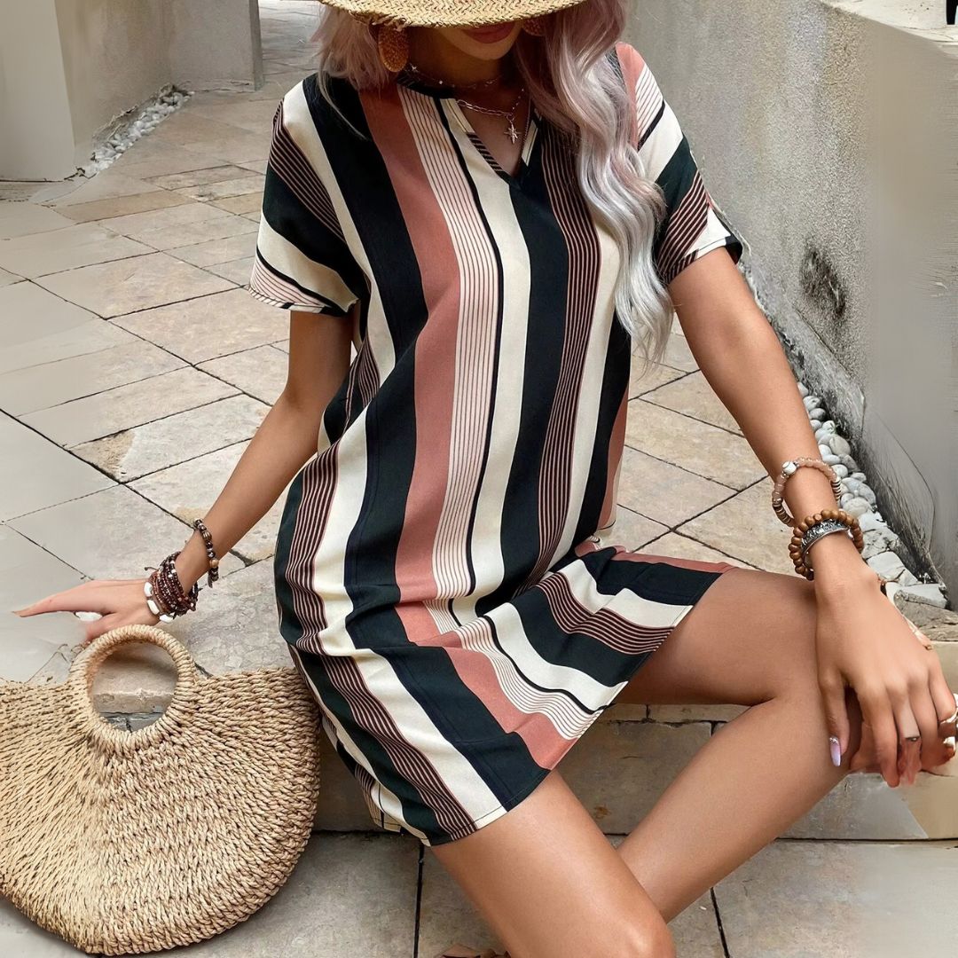 Dress Women V Neck Striped Cap Sleeve