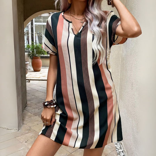 Dress Women V Neck Striped Cap Sleeve