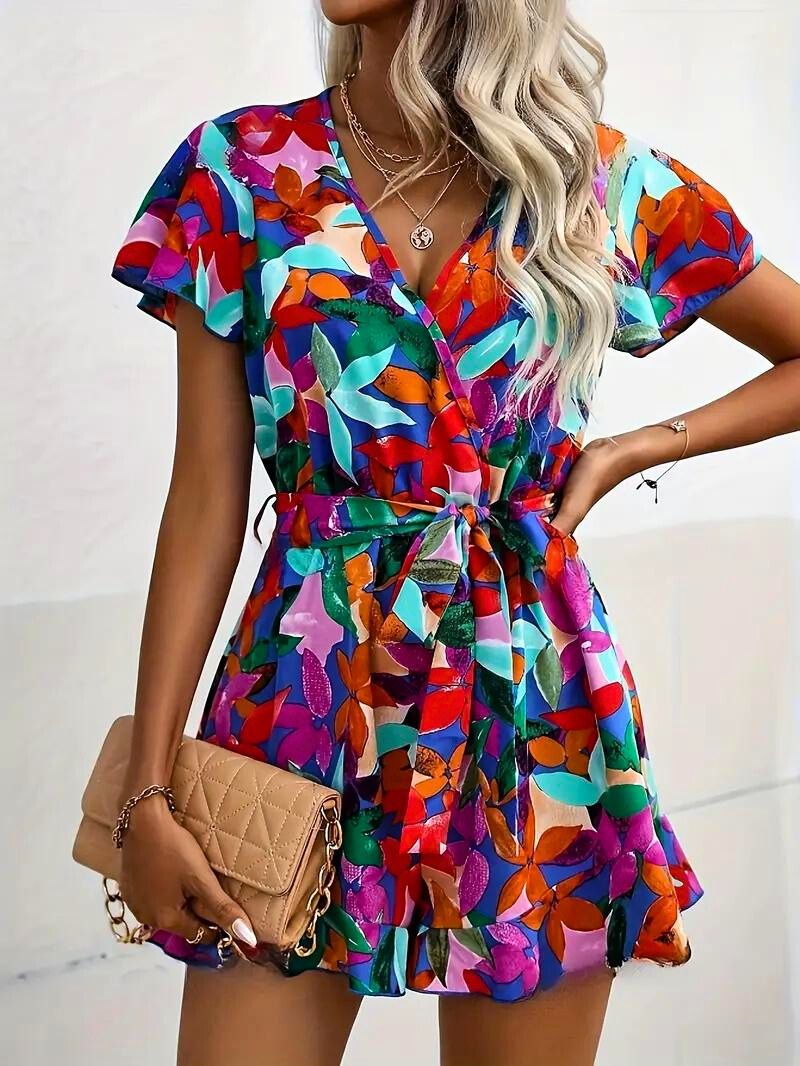 Dress Womens Tropical Floral Adjustable Waist Tie