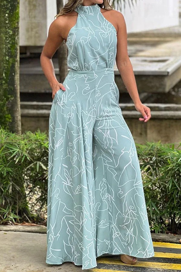 Maxi Sundress Women Halter Keyhole Line Art