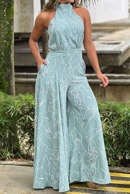 Maxi Sundress Women Halter Keyhole Line Art