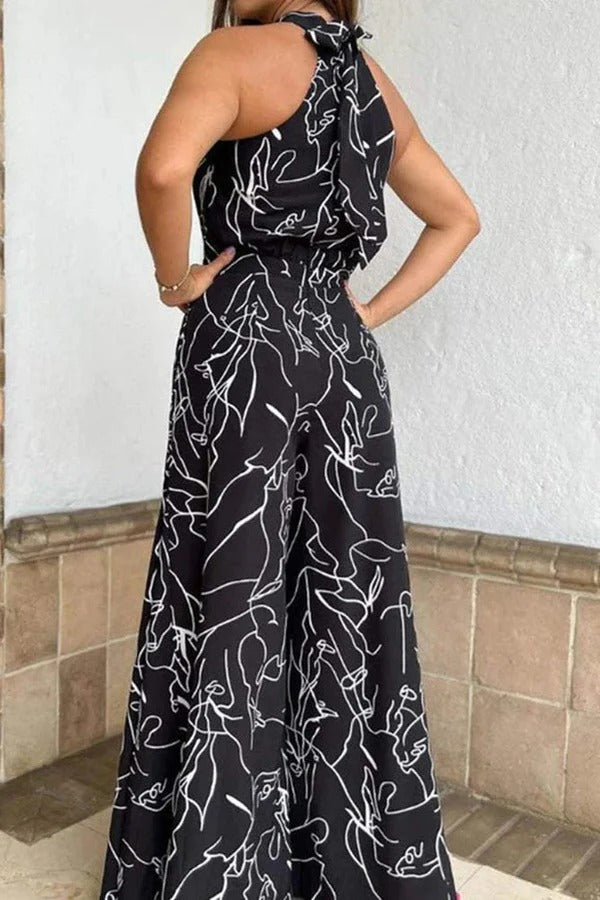 Maxi Sundress Women Halter Keyhole Line Art