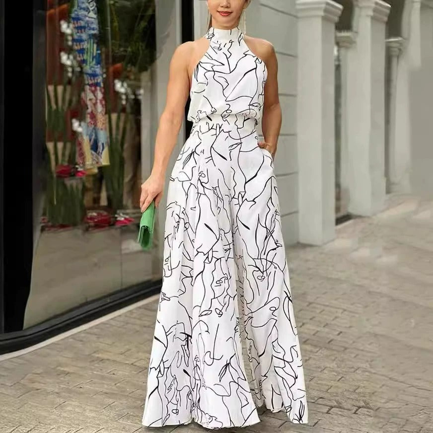 Maxi Sundress Women Halter Keyhole Line Art