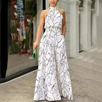 Maxi Sundress Women Halter Keyhole Line Art