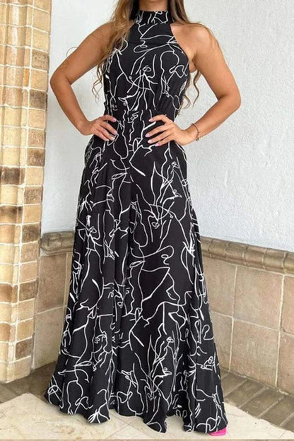 Maxi Sundress Women Halter Keyhole Line Art
