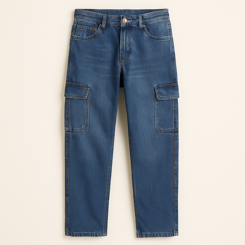 Men’s Blue Cargo Denim Jeans – Straight Fit