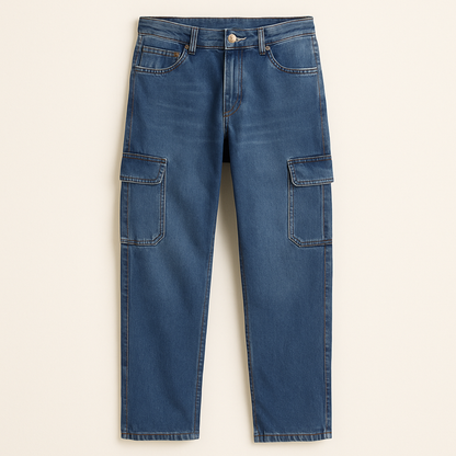 Men’s Blue Cargo Denim Jeans – Straight Fit