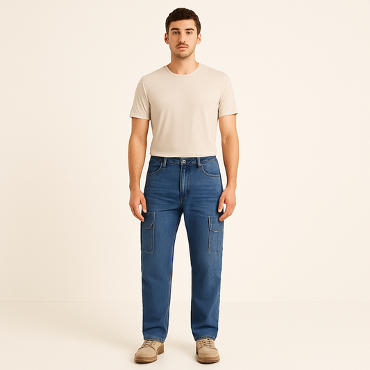 Men’s Blue Cargo Denim Jeans – Straight Fit