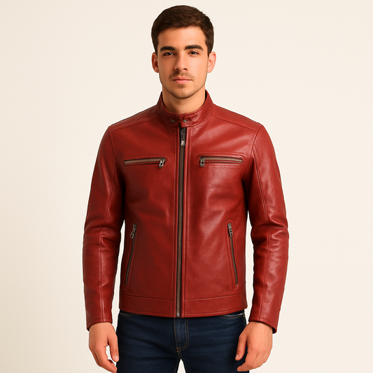 Red Leather Jacket for Men – Slim Fit