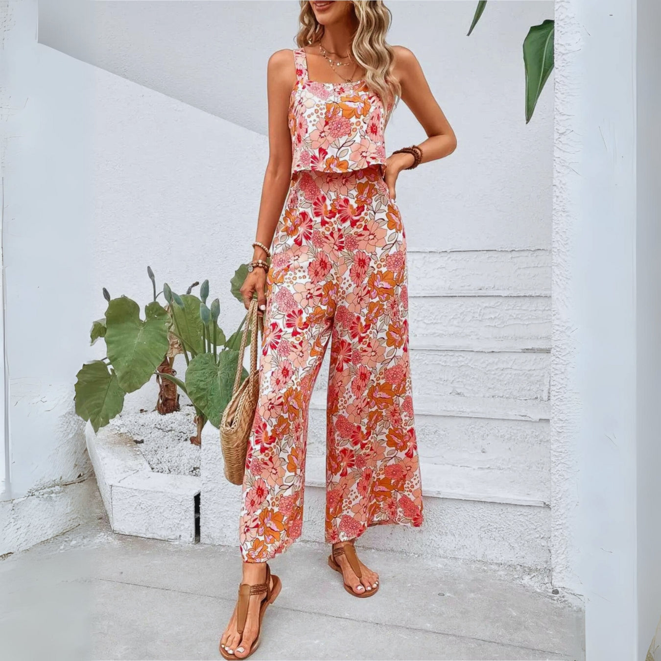 Romper Women Backless Sleeveless Wide Leg Floral