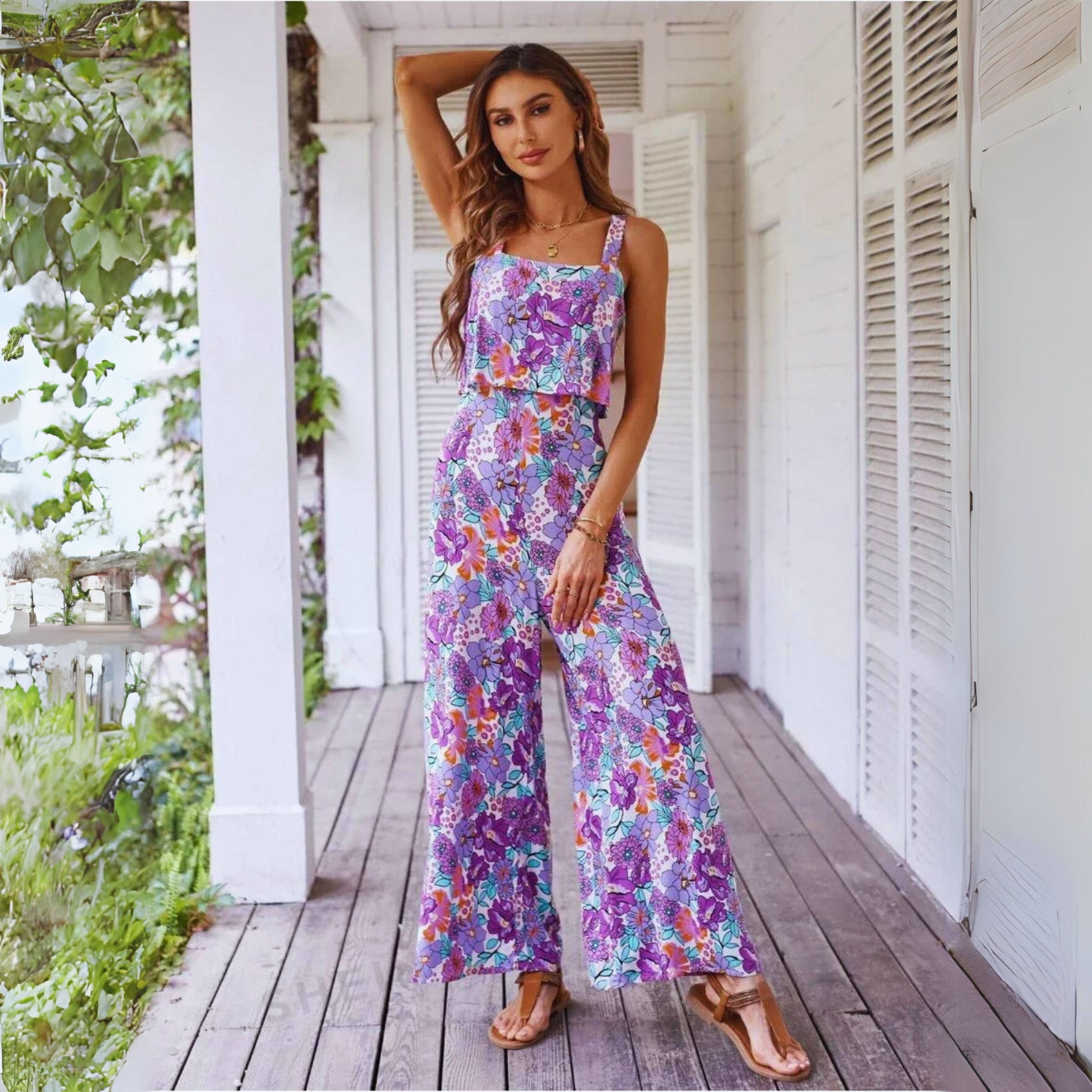 Romper Women Backless Sleeveless Wide Leg Floral