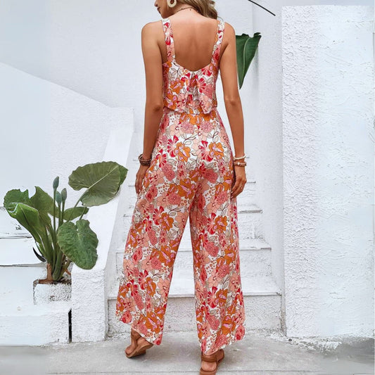 Romper Women Backless Sleeveless Wide Leg Floral