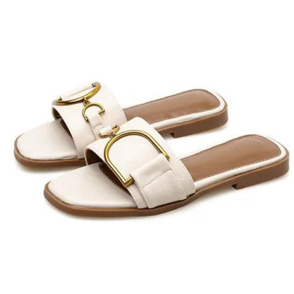 Sandals Women Leather Square Toe Flat Heel
