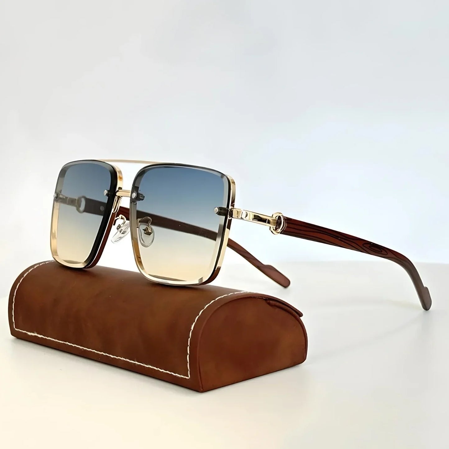 Sunglasses Vintage Metal Frame Wooden Temples